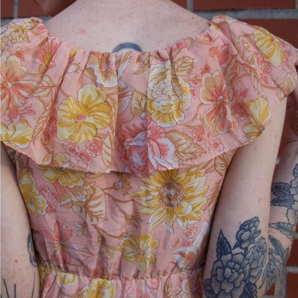 70s Pink & Yellow Floral Ruffle Dress - Picture 7 of 7
